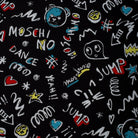 Patterned fabric with colorful text and graphics on a black background